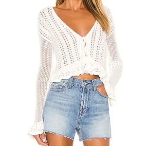 Tularosa Women's M Ohana Crochet Cardigan Ivory Pointelle Ruffle Tie Front NEW